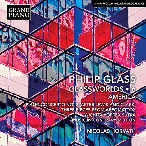 CD cover for Philip Glass’s “Glassworlds Vol. 6: America” with abstract art.