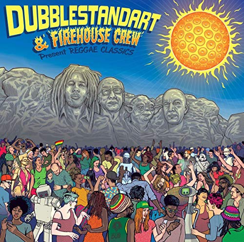 "CD cover art featuring a crowd and a mountain with four faces."