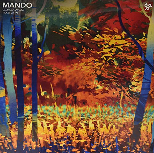 Vinyl record cover with abstract forest painting in blues, oranges, and yellows.