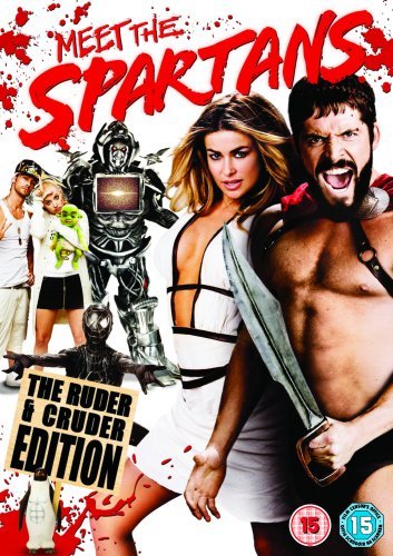 Meet The Spartans" DVD cover featuring actors in comedic poses.