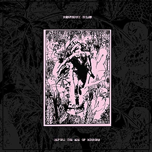 "Album cover with black and white illustration on a dark floral background."