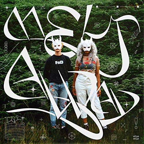 "Album cover featuring two people wearing masks in a forest, with stylized white text overlay."