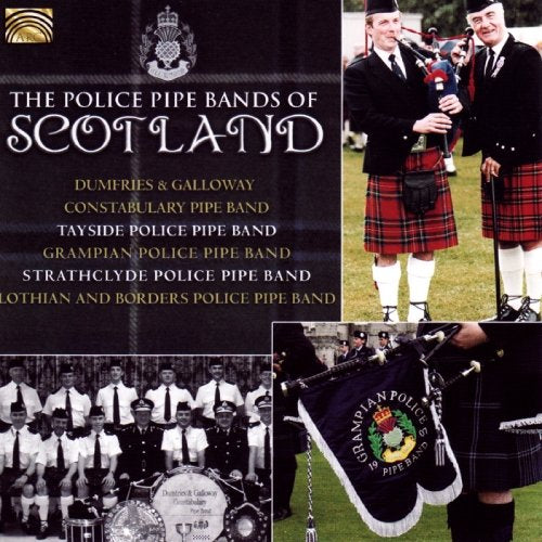 CD cover featuring Scottish police pipers in traditional attire, with tartan patterns and bagpipes.