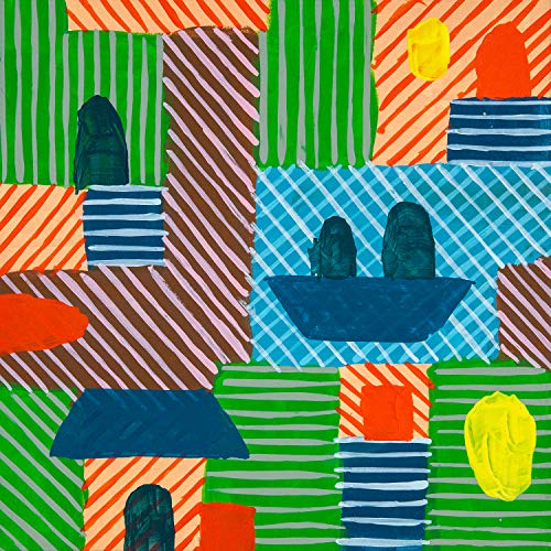 Abstract painting with colorful stripes and geometric shapes, vinyl record cover.