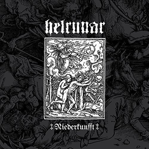 Helrunar "Niederkunfft" CD cover: black and white, gothic imagery, skeletal figures.