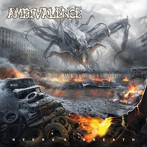 CD cover: apocalyptic scene with a monstrous creature and burning city.