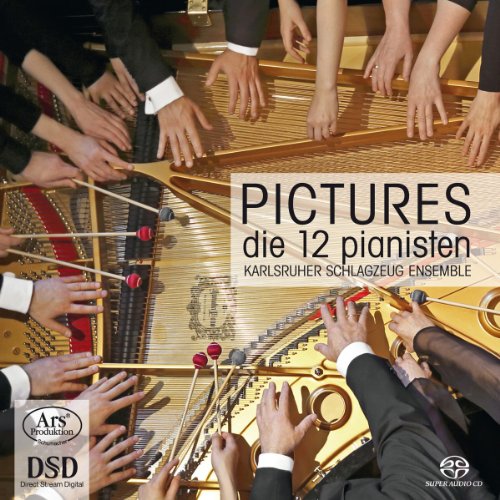 Many hands and drum mallets playing inside the open frame of a grand piano.