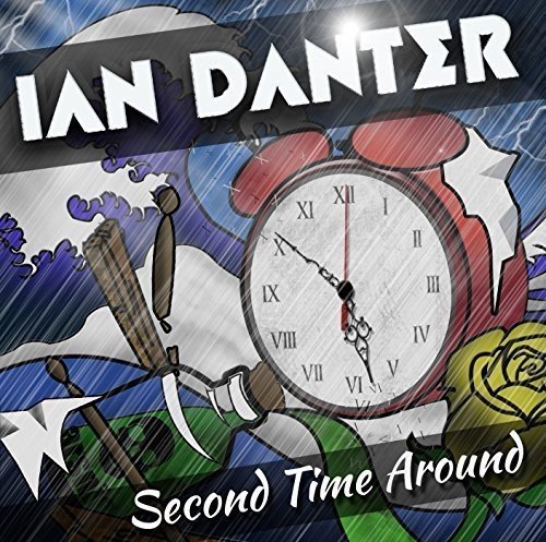 "Album cover featuring a clock, sword, and rose against a blue background."