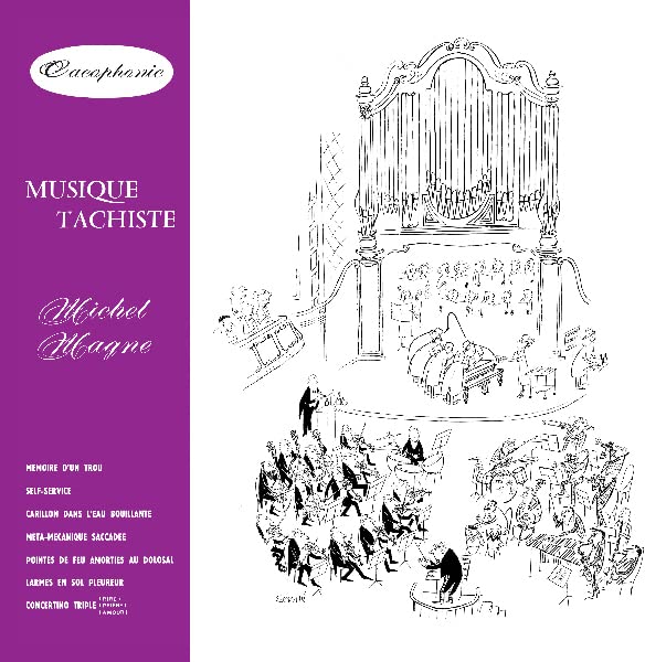 Purple album cover with white line art depicting figures and ornate architecture.