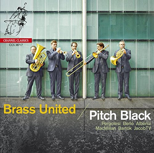 "CD cover featuring five men in suits playing brass instruments in front of a glass wall."