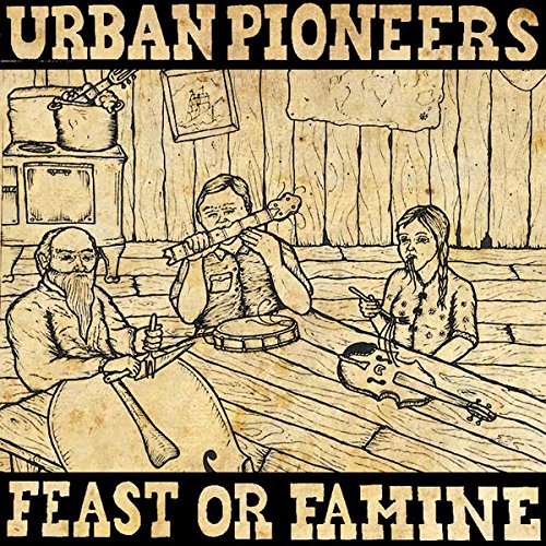 Illustrative album cover showing three people playing string instruments in a rustic wooden room.