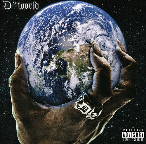 "Album cover with hands holding the Earth, 'D12 World' text, and parental advisory label."