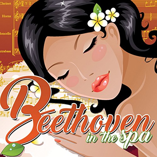 "CD cover art: cartoon woman relaxing, 'Beethoven in the spa' text, musical notes background."