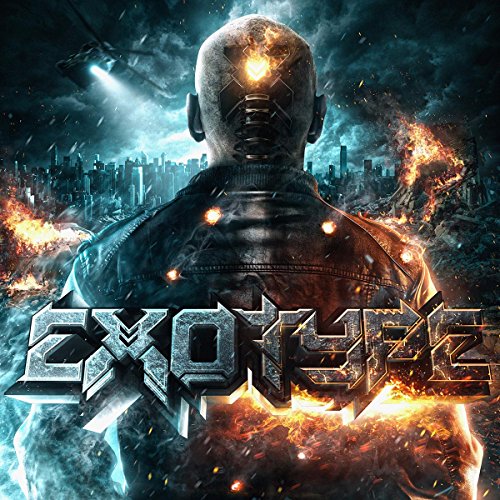 Album cover art: futuristic man with glowing head, amidst burning cityscape and debris.
