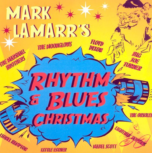"Album cover with yellow background, cartoon Santa, and red text 'Rhythm & Blues Christmas'."
