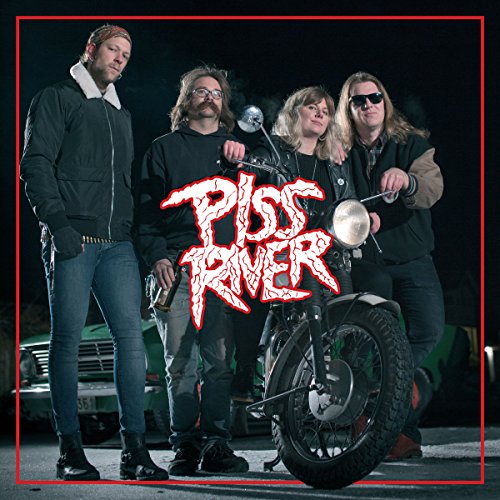 "Four men standing around a motorcycle with 'Piss River' text overlay."