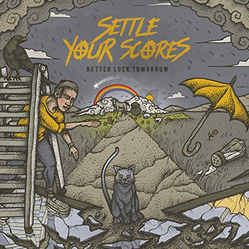 "Album cover art featuring a man, cat, and crow in a stormy landscape."