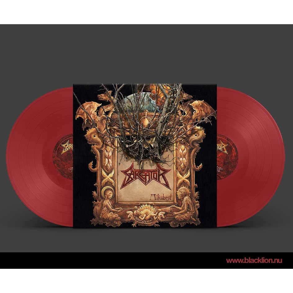 Red vinyl record of Sarcator’s “Alkahest” album with ornate cover art.