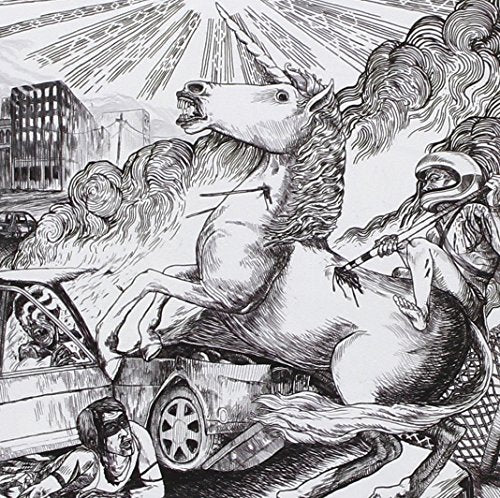 Black and white illustration of a unicorn being chased in a city.