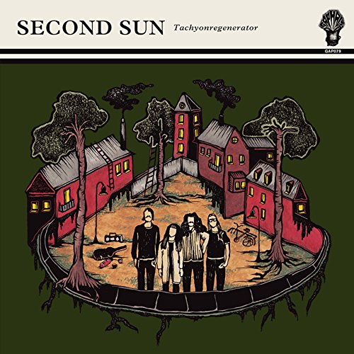 "Vinyl record cover with illustration of four people and red buildings on a green background."
