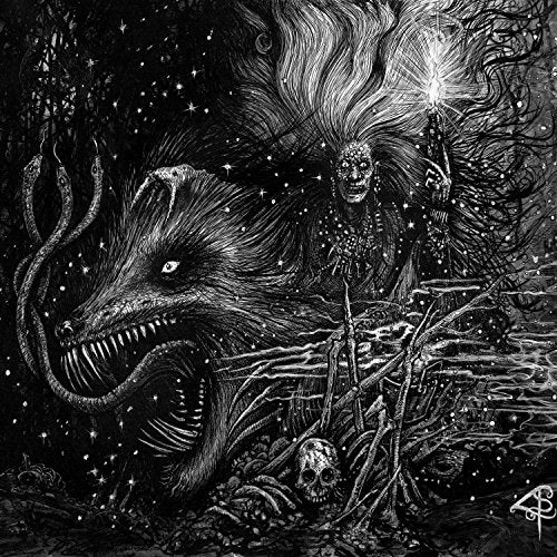 Black and white illustration of monstrous figures and a skull.