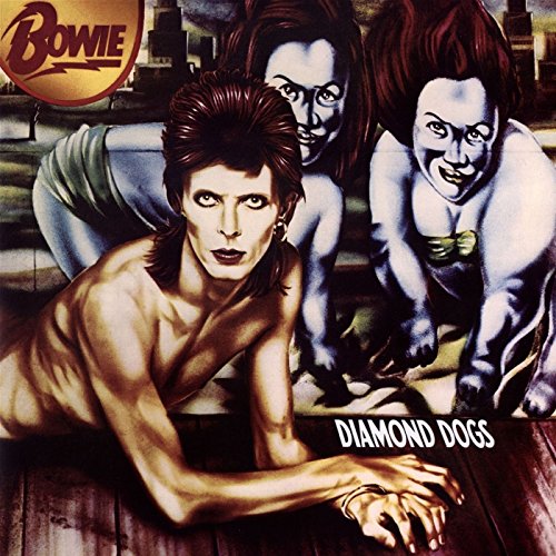 David Bowie's "Diamond Dogs" vinyl album cover featuring an illustration of Bowie and two women.