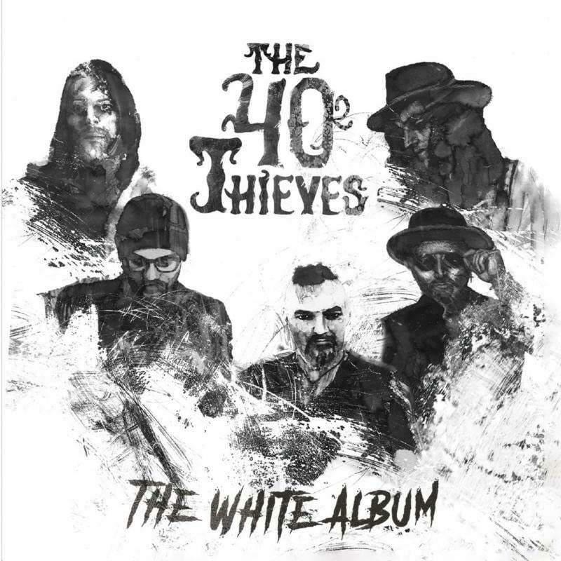 Black and white album cover featuring six figures with obscured faces.