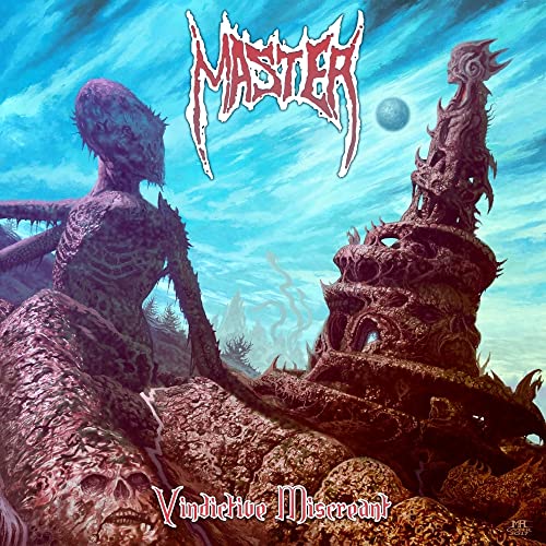 Album cover for Master’s “Vindictive Miscreant” featuring a monstrous figure and tower.