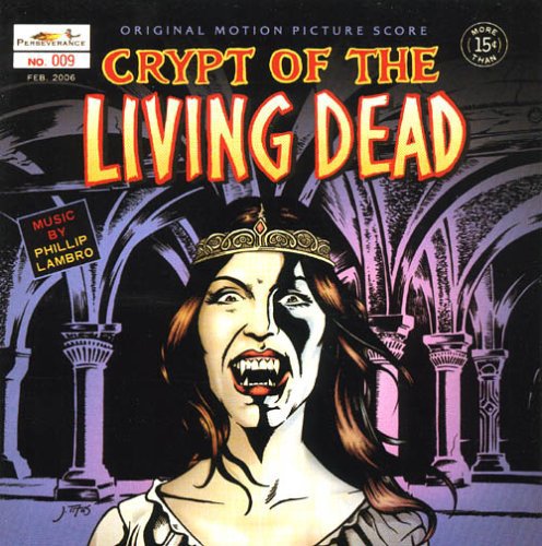 "CD cover art featuring a vampire woman with fangs in a crypt."