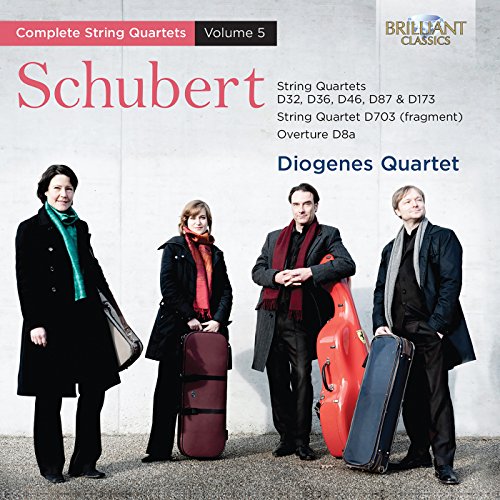 "CD cover featuring four musicians with instrument cases, titled 'Schubert' and 'Diogenes Quartet'."