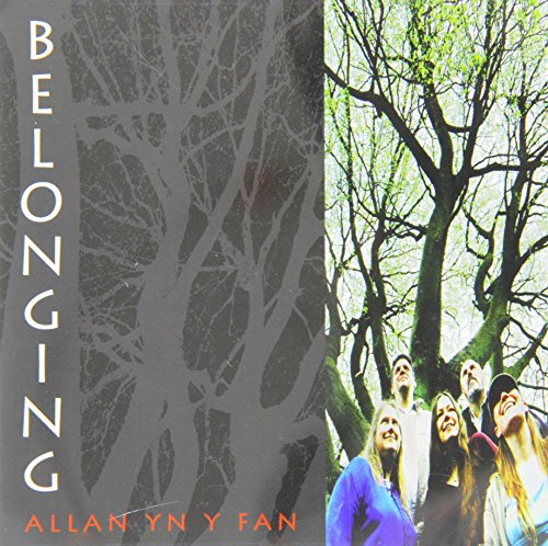 "CD cover with 'Belonging' written vertically, featuring a group of people under trees."