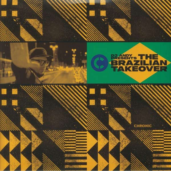 Vinyl record cover with DJ Andy, geometric patterns, and city scene.