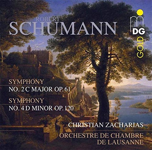 "CD cover featuring a serene landscape with a lake and trees, displaying Schumann's symphonies."
