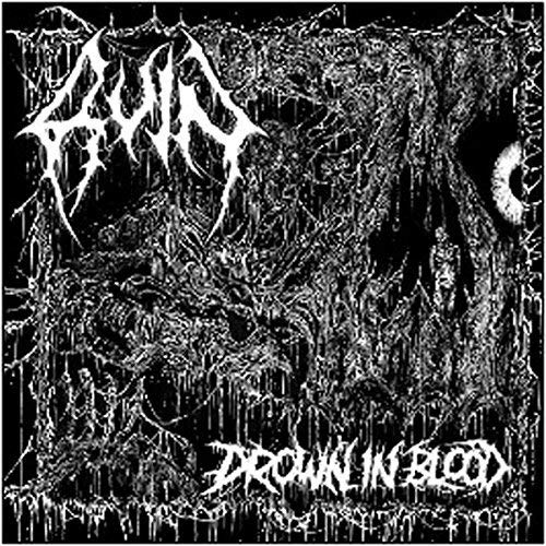 Black and white album cover for “Ruin - Drown In Blood” with chaotic imagery.