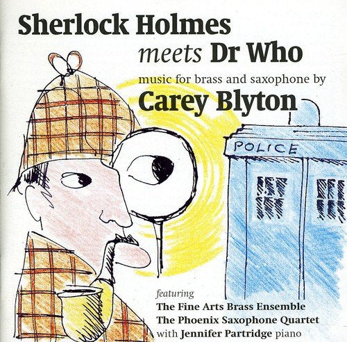 "Album cover featuring a cartoon Sherlock Holmes and a police box, with text."