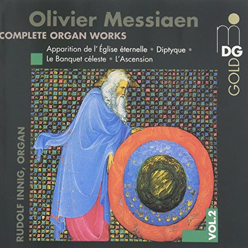 Dark green CD cover with mosaic artwork and religious figure, titled "Olivier Messiaen".