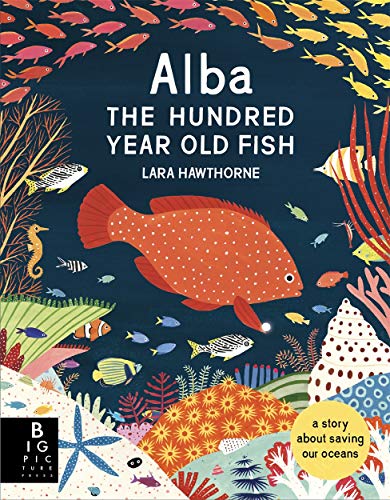 The image depicts a children's book cover featuring a large orange fish surrounded by various sea creatures.
