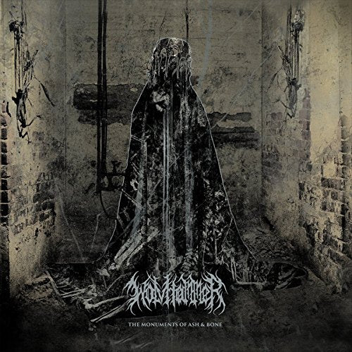 "Album cover art featuring a hooded skeleton in a dark, grimy, ruined room."