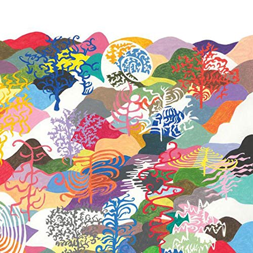 The image depicts a vibrant, abstract artwork featuring multicolored, swirling patterns on a white background.
