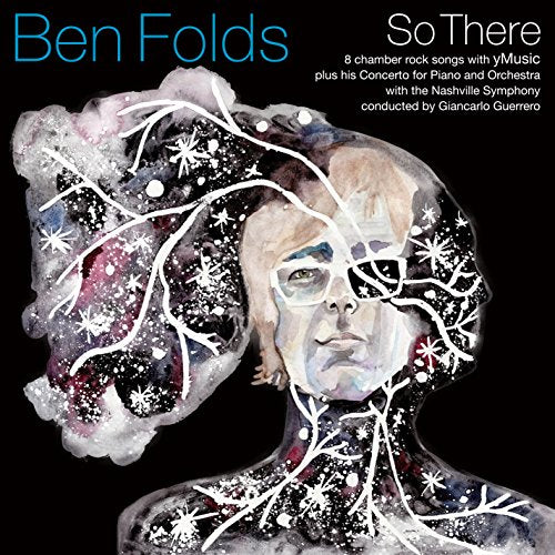 "Album cover with a watercolor portrait of a man against a black background."