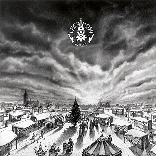 Black and white album cover with a wintry town scene and logo.