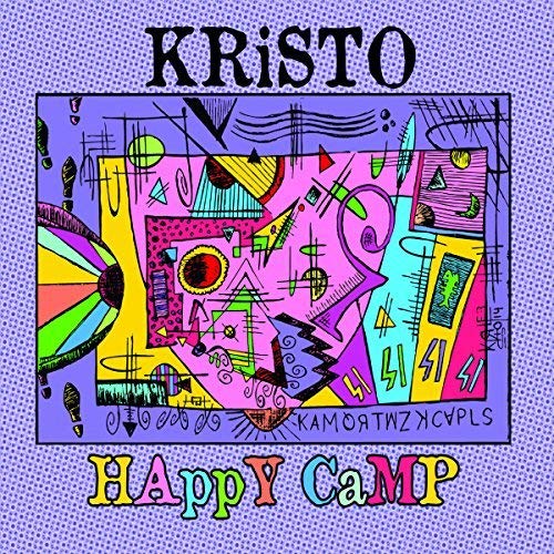 "Album cover with abstract, colorful illustration and text 'KRiSTO' and 'HAppY CaMp' on purple background."