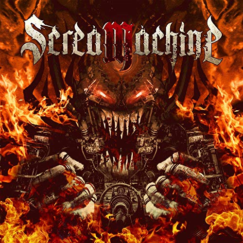 Fiery album cover featuring a monstrous, mechanical face with sharp teeth.