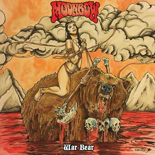 CD cover: woman riding a bear with skulls, red and orange tones.