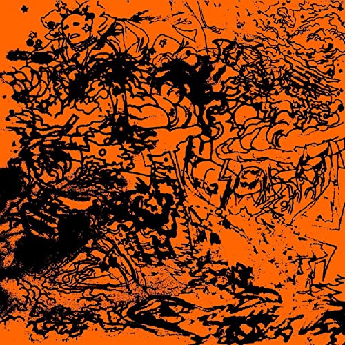 Orange album cover with dense black line art and abstract figures.