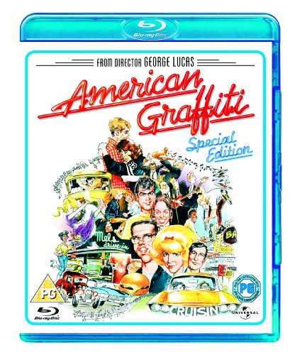 "Blu-ray case for 'American Graffiti' with colorful cover art featuring characters and cars."