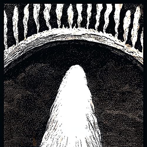 Black and white abstract illustration of a tunnel with bright light.