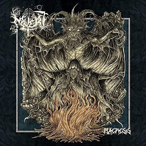 Dark, detailed illustration of demonic figures above flames, album cover art.