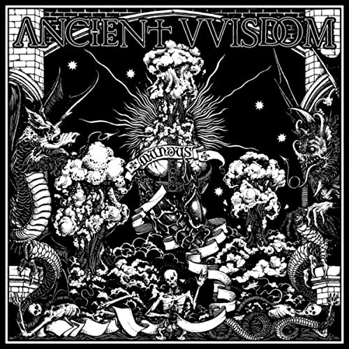 Black and white album cover with dragons, skulls, and ornate lettering.