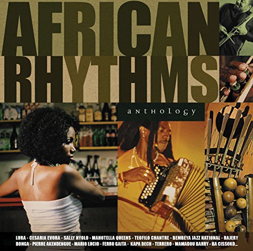 "CD cover with 'African Rhythms Anthology' title and images of musicians and instruments."